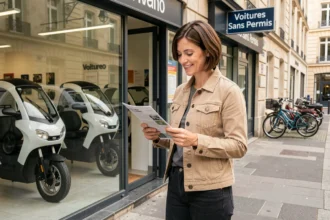Femme devant un concessionnaire de voitures sans permis en ville, tenant un brochure