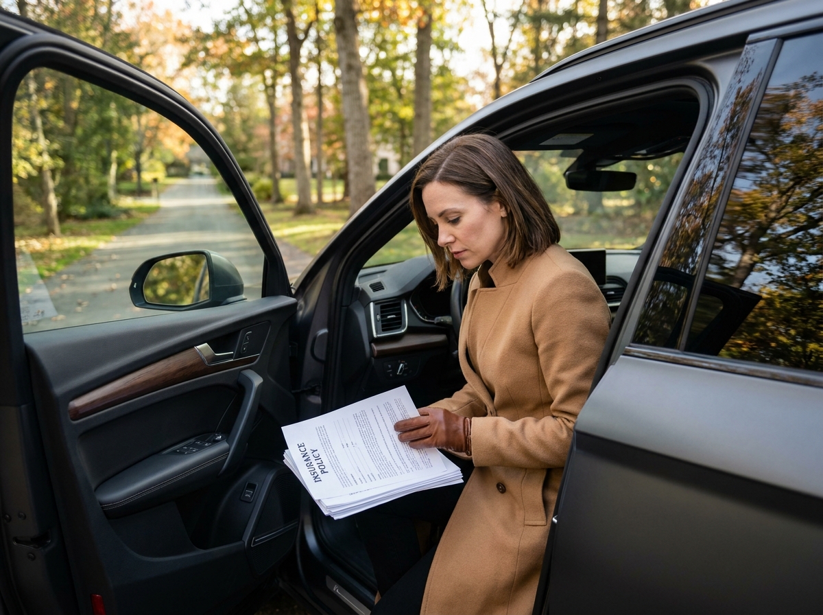 Femme en manteau camel consultant des documents d'assurance installée dans un SUV électrique de luxe dans une allée résidentielle en automne