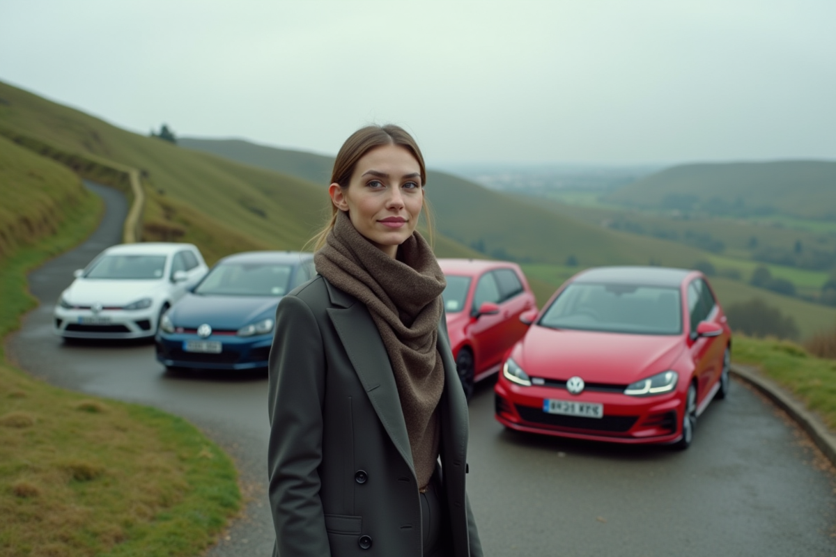 Femme devant plusieurs GTI sur un panorama de collines