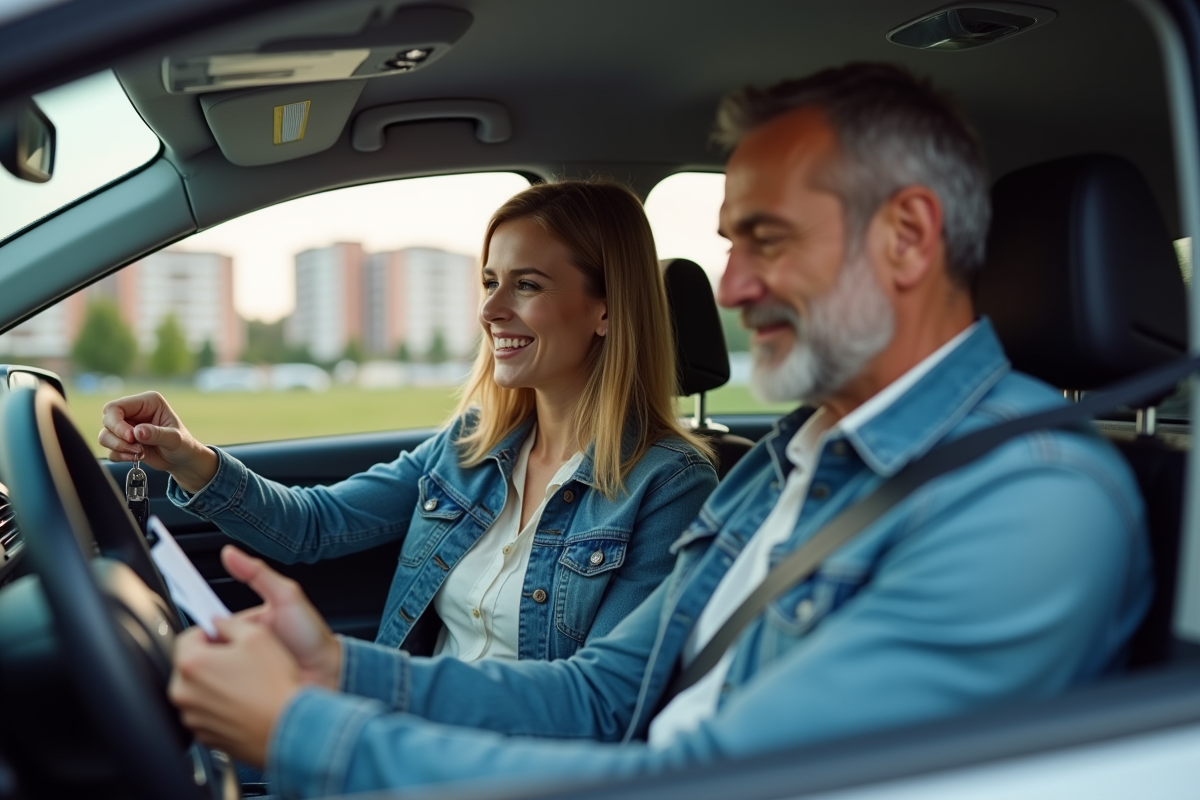 Femme souriante avec clés de voiture dans un intérieur moderne