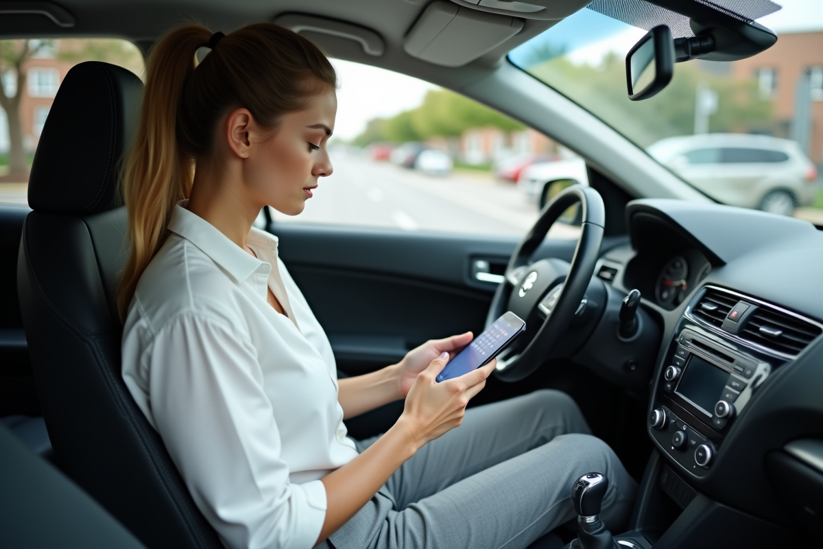 Jeune femme regardant son calendrier sur son smartphone dans la voiture