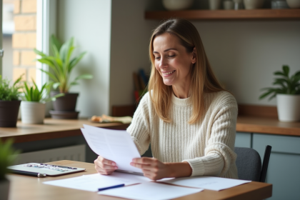 Femme d'âge moyen lisant des documents d'assurance à la maison