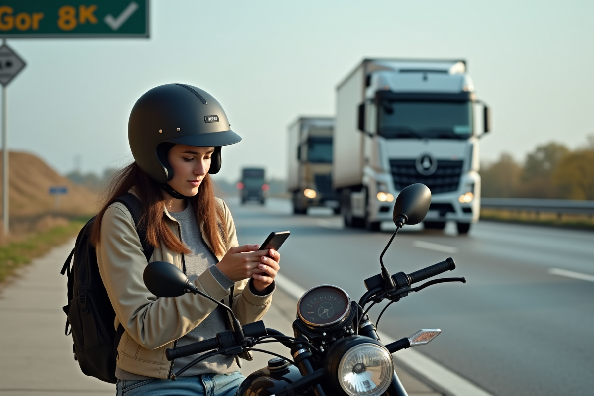 Jeune femme consulte son smartphone sur une moto d