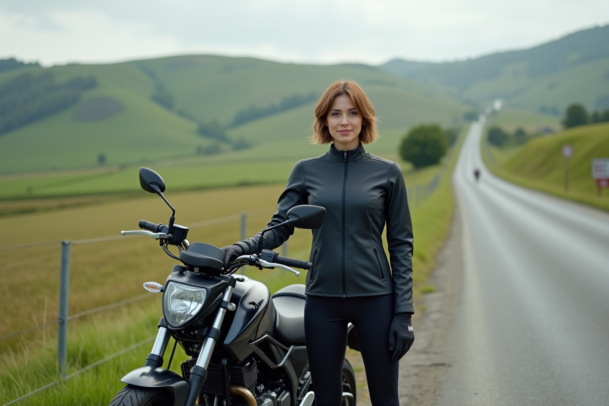 Femme à moto 125cc dans paysage rural paisible
