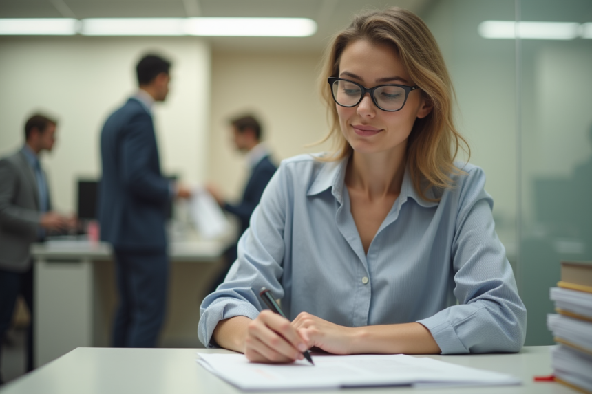 Femme remplissant des papiers dans un bureau moderne