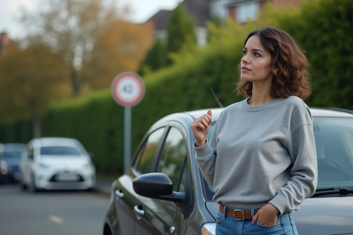 Femme regardant un panneau limite d alcool
