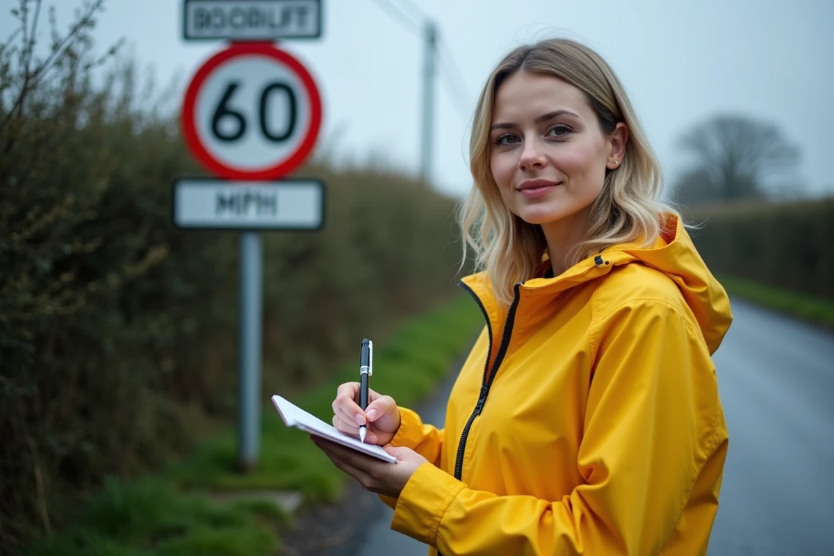 Femme prenant des notes devant un panneau de limitation de vitesse en mph en campagne britannique