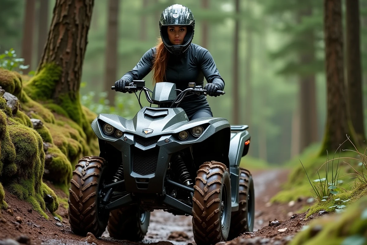 Femme en combinaison de pilotage sur un quad électrique en forêt