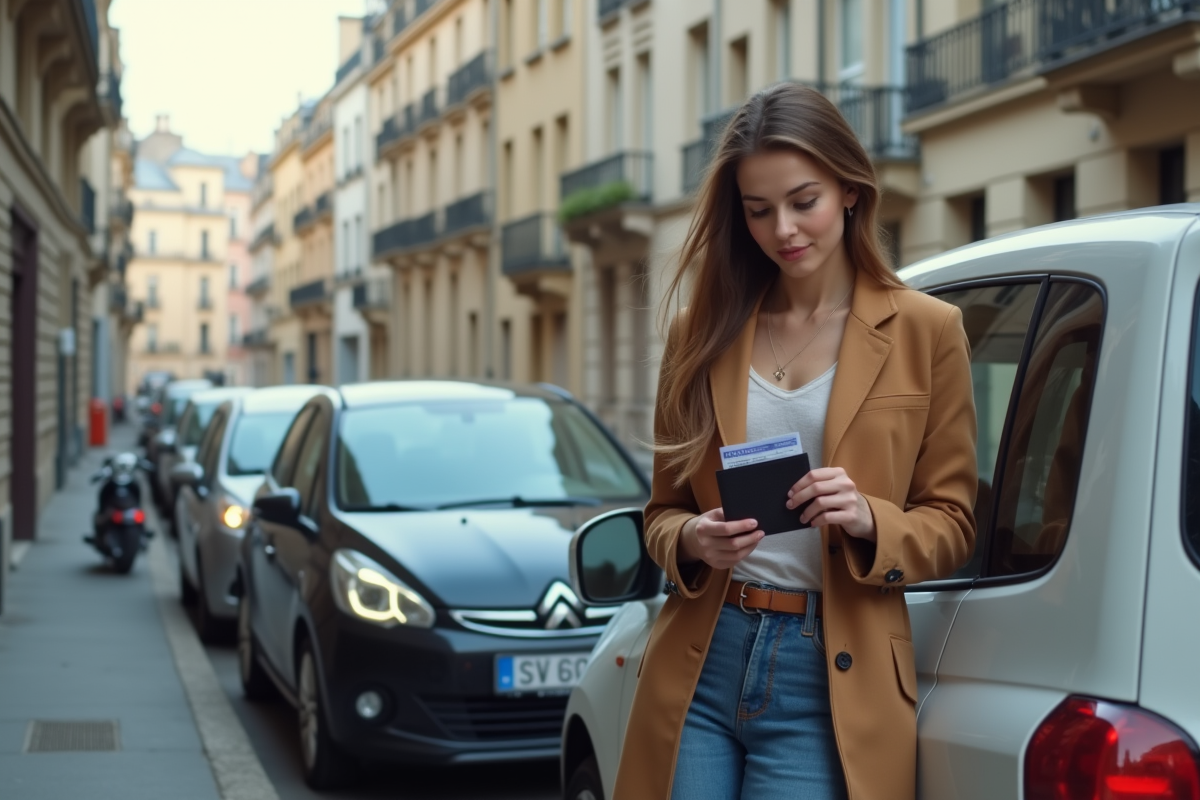 Femme mettant à jour sa carte grise devant sa voiture