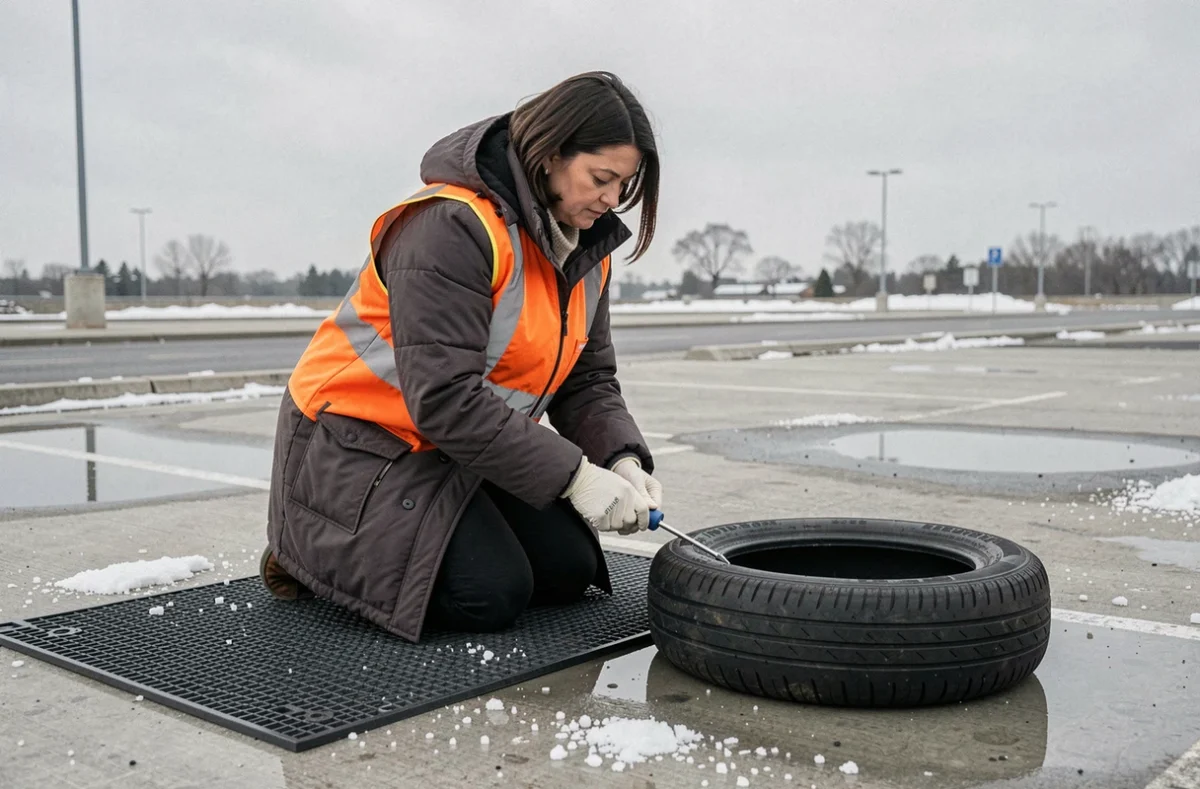 Femme utilisant un outil de bouchon pour réparer un pneu tubeless à plat en hiver sur un parking