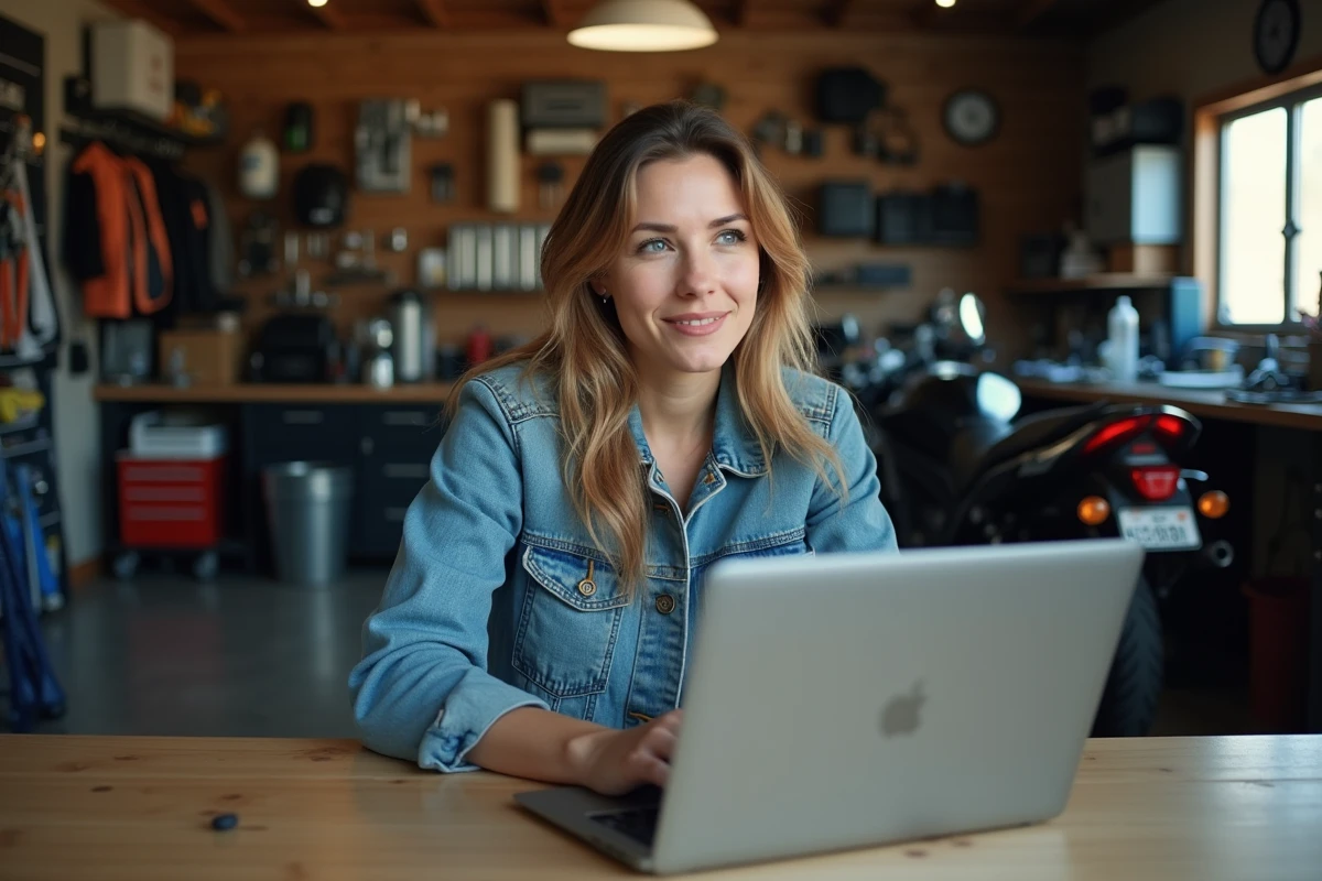 Femme motarde dans un garage utilisant un ordinateur portable