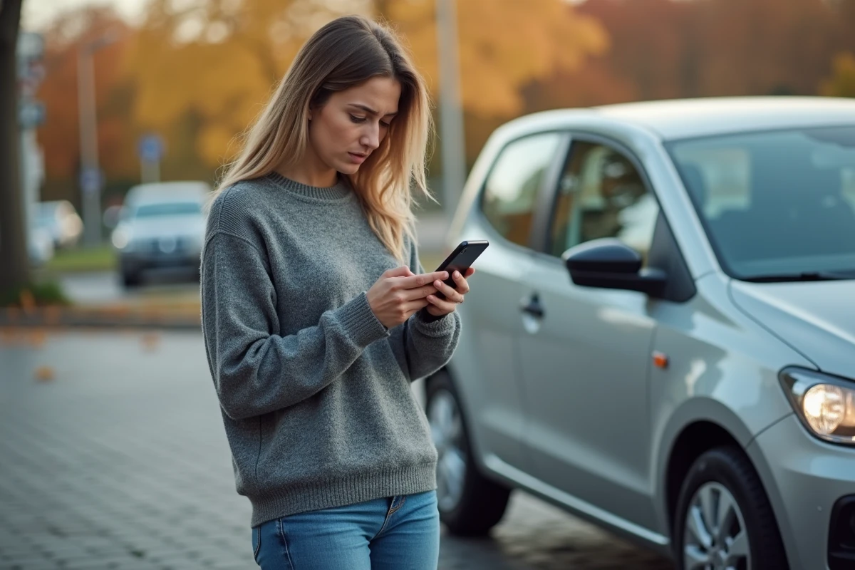 Jeune femme consulte son application d assurance auto dehors