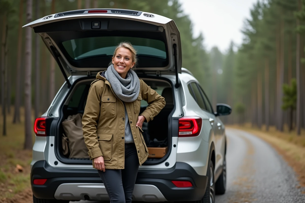 Femme ferme le coffre d’un SUV en forêt