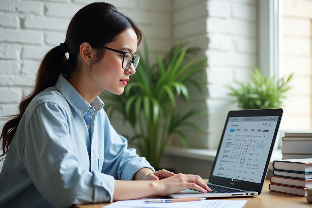 Femme travaillant sur un tableau de conversion miles en kilomètres par heure sur un ordinateur portable dans un bureau à domicile