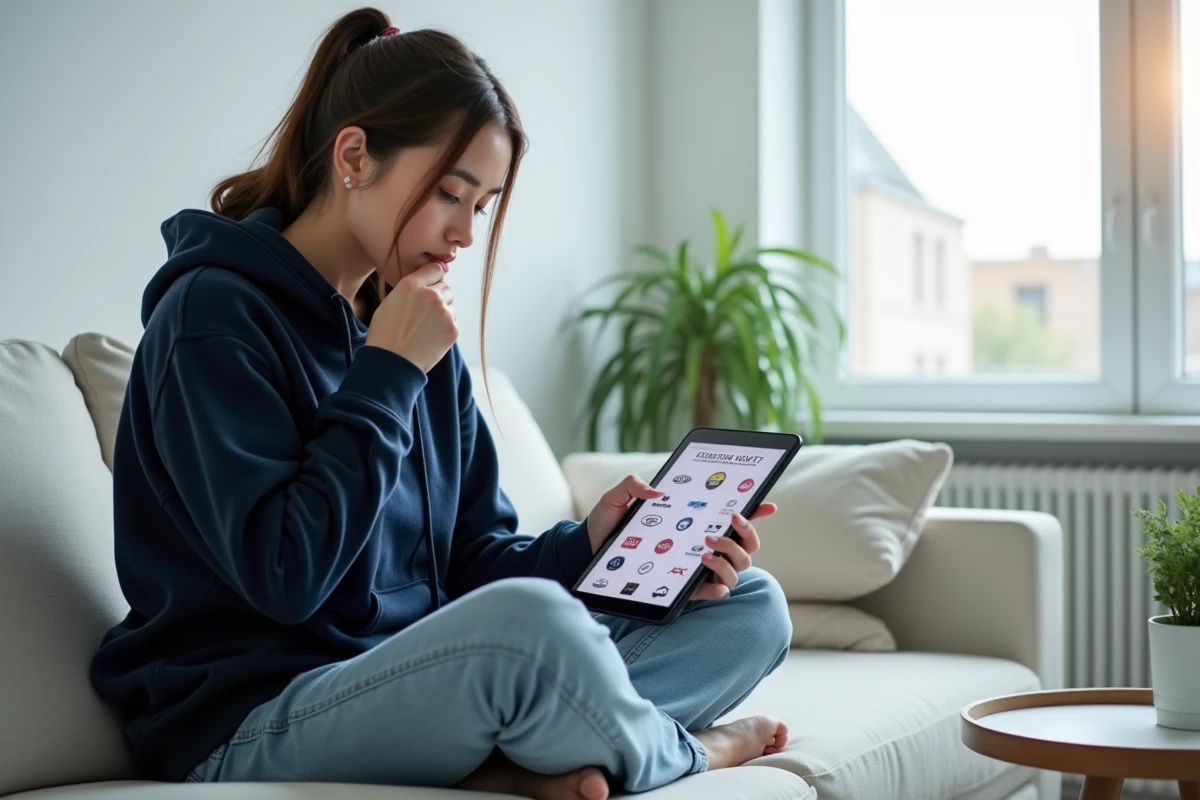 Femme recherchant des marques de voitures commençant par la lettre X sur une tablette depuis son salon