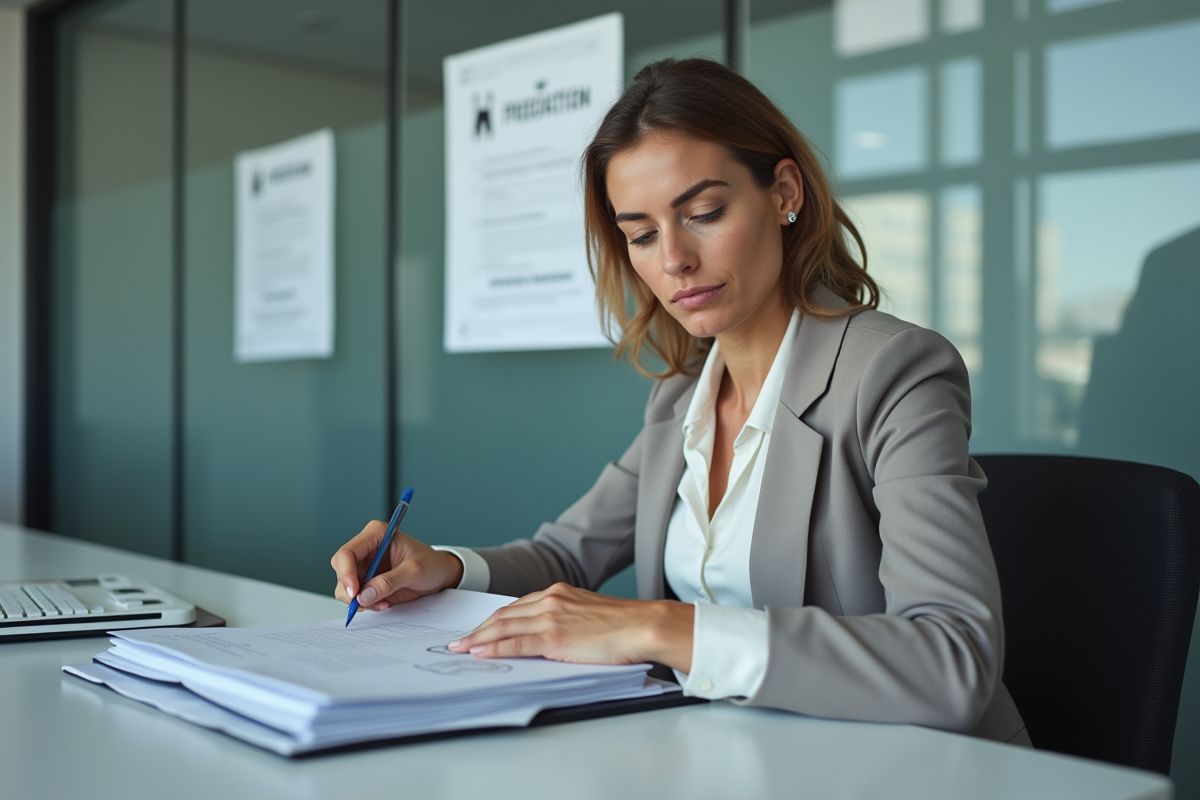 Femme administratrice examinant des dossiers officiels