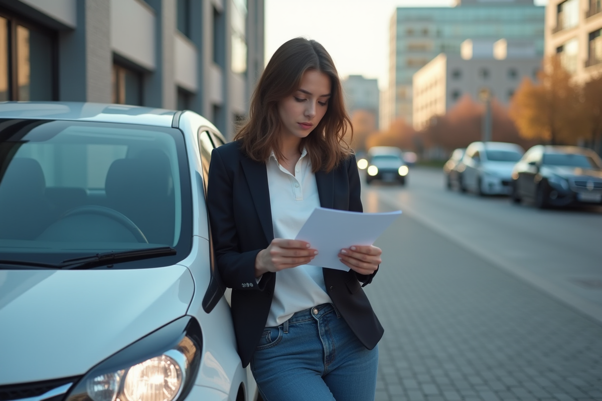 Jeune femme en ville avec sa voiture et papiers