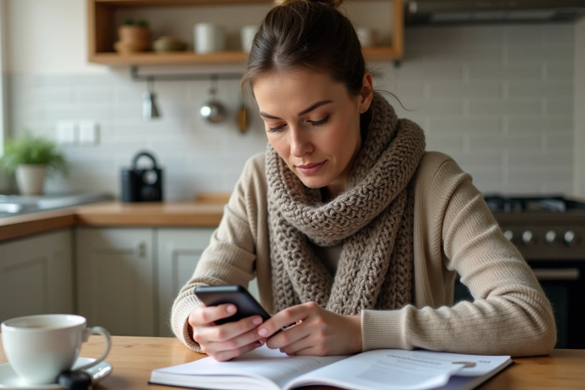 Femme dans la cuisine utilisant son smartphone et carnet