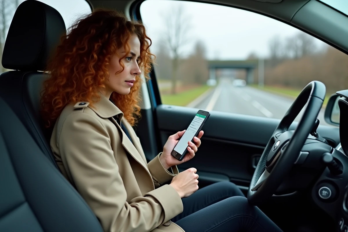 Femme consultant son téléphone dans sa voiture pour vérifier la conformité de son véhicule à la zone de basses émissions de Bruxelles