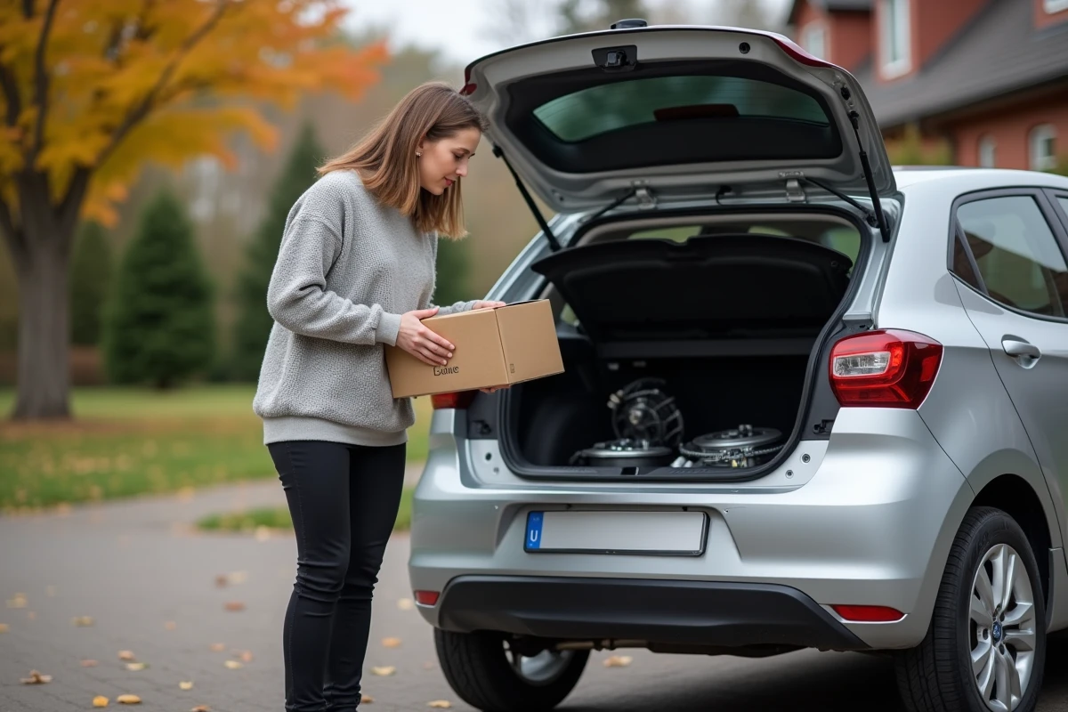 Femme examine un disque de frein dans une allée résidentielle