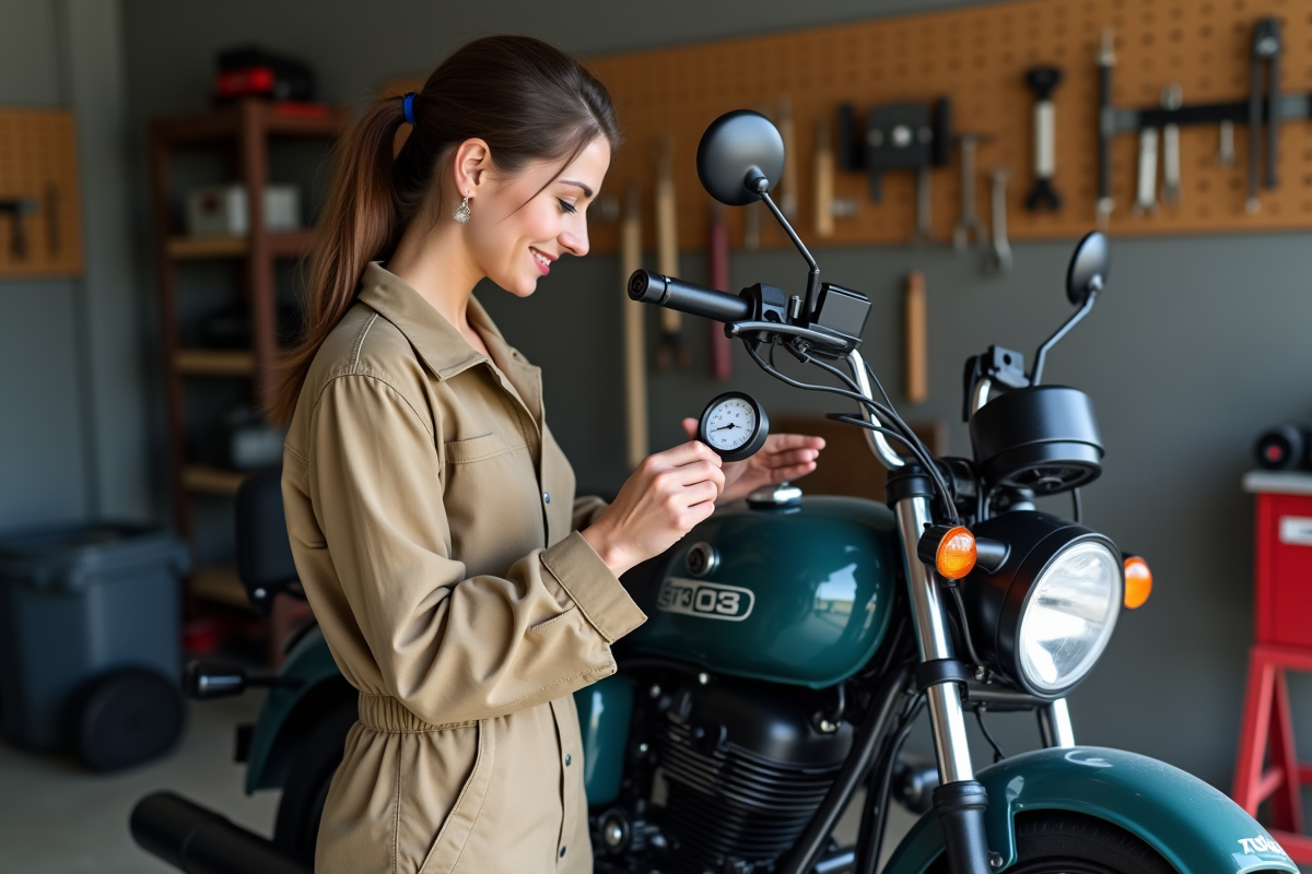 Femme en combinaison vérifie la pression du pneu d