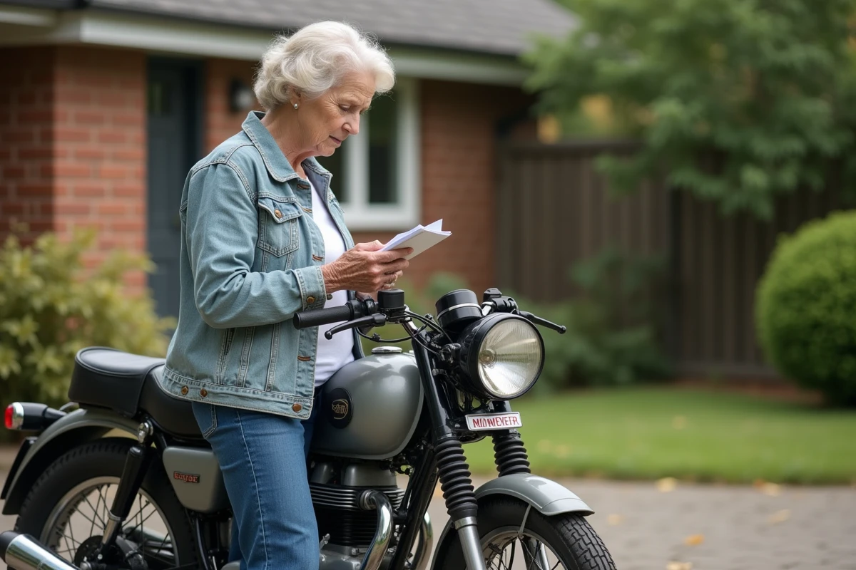 Femme âgée vérifiant son carnet à moto vintage dans la cour