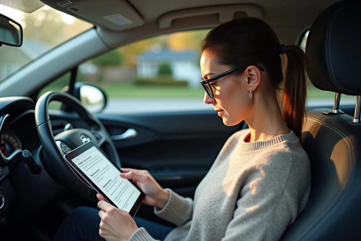 Femme dans la voiture consulte un PDF permis B sur tablette