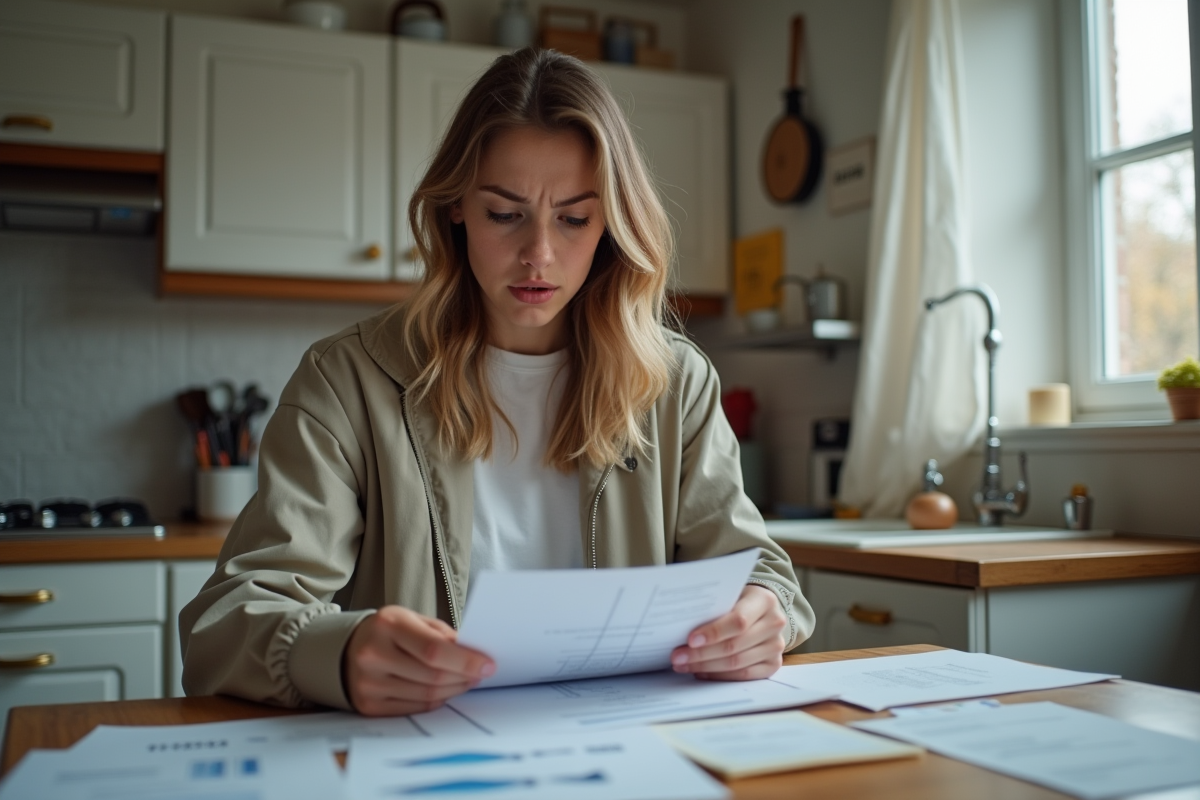 Jeune femme vérifiant factures auto dans la cuisine