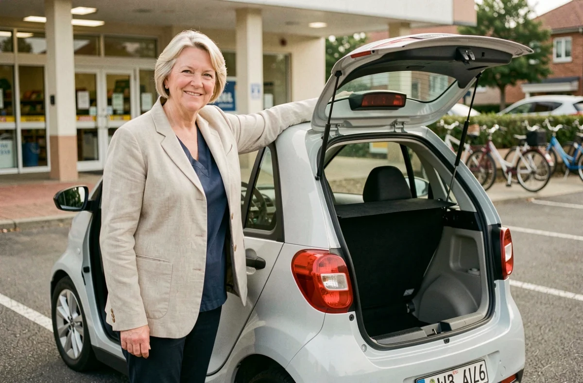 Femme d'une cinquantaine d'années debout à côté d'une voiture sans permis dans un parking de banlieue