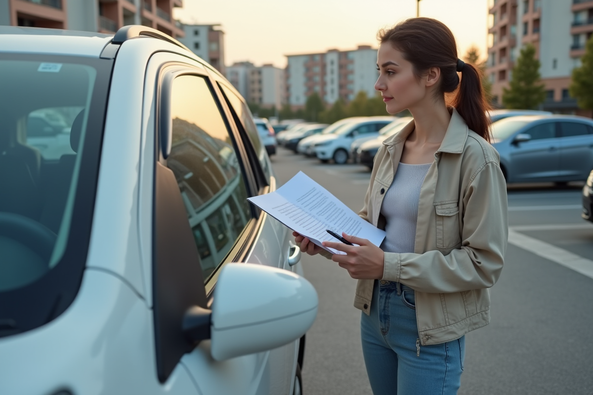 Femme en jean et veste légère près de sa voiture en ville