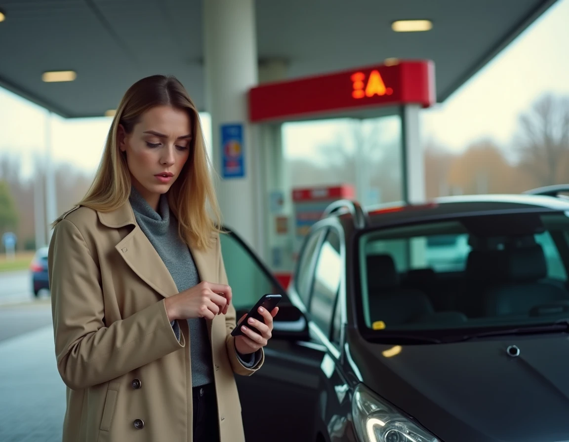 Femme inquiète consultant son téléphone après l'allumage d'un voyant orange sur sa Peugeot à la station-service