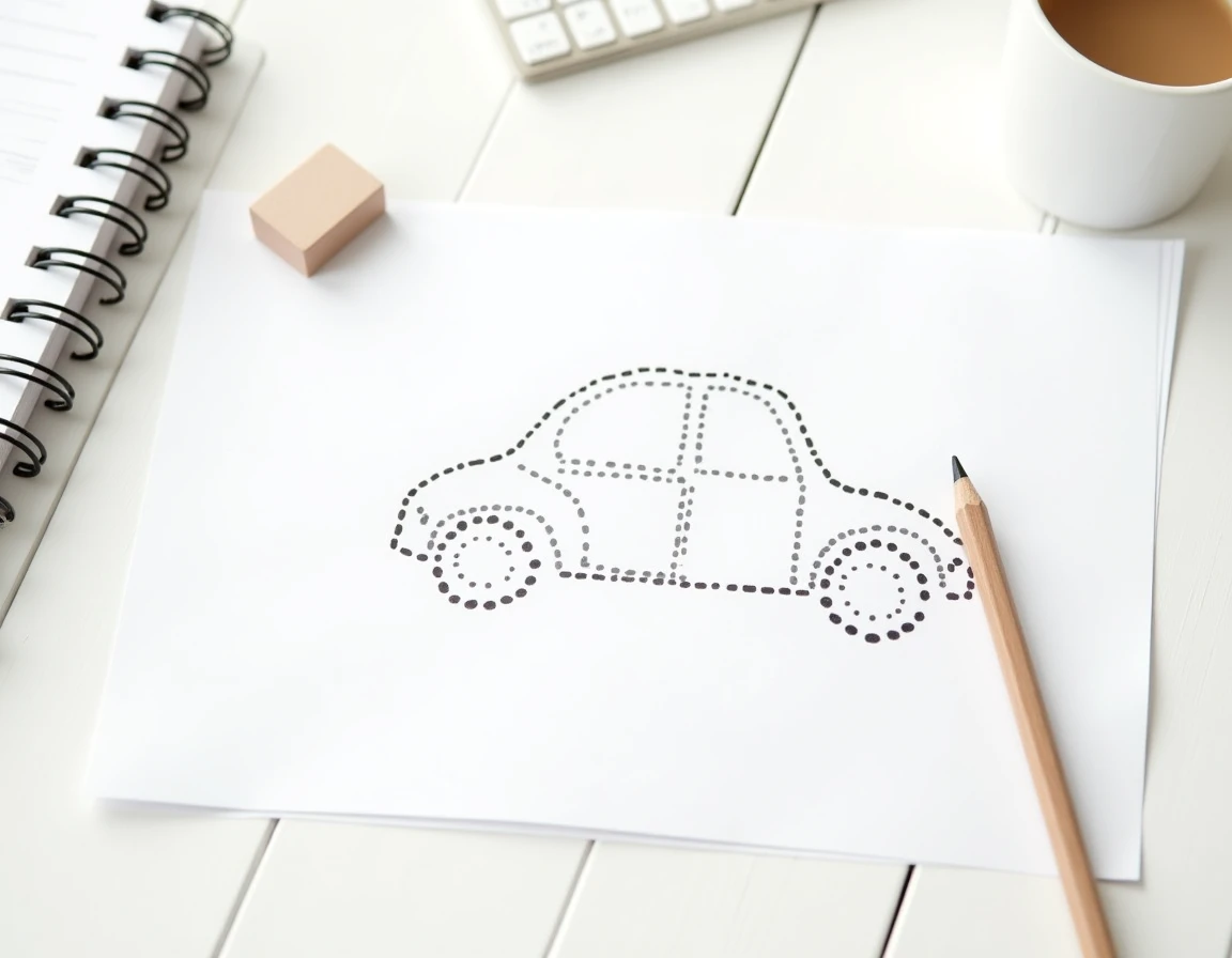Fiche imprimée de dessin voiture à points à relier avec crayon sur bureau blanc