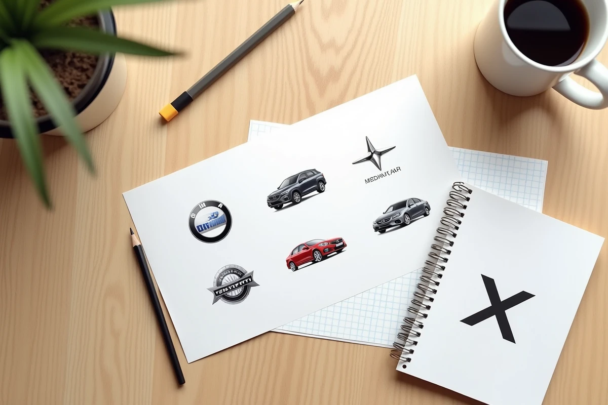 Vue de dessus de fiches avec logos de marques de voitures et la lettre X pour révision ou examen