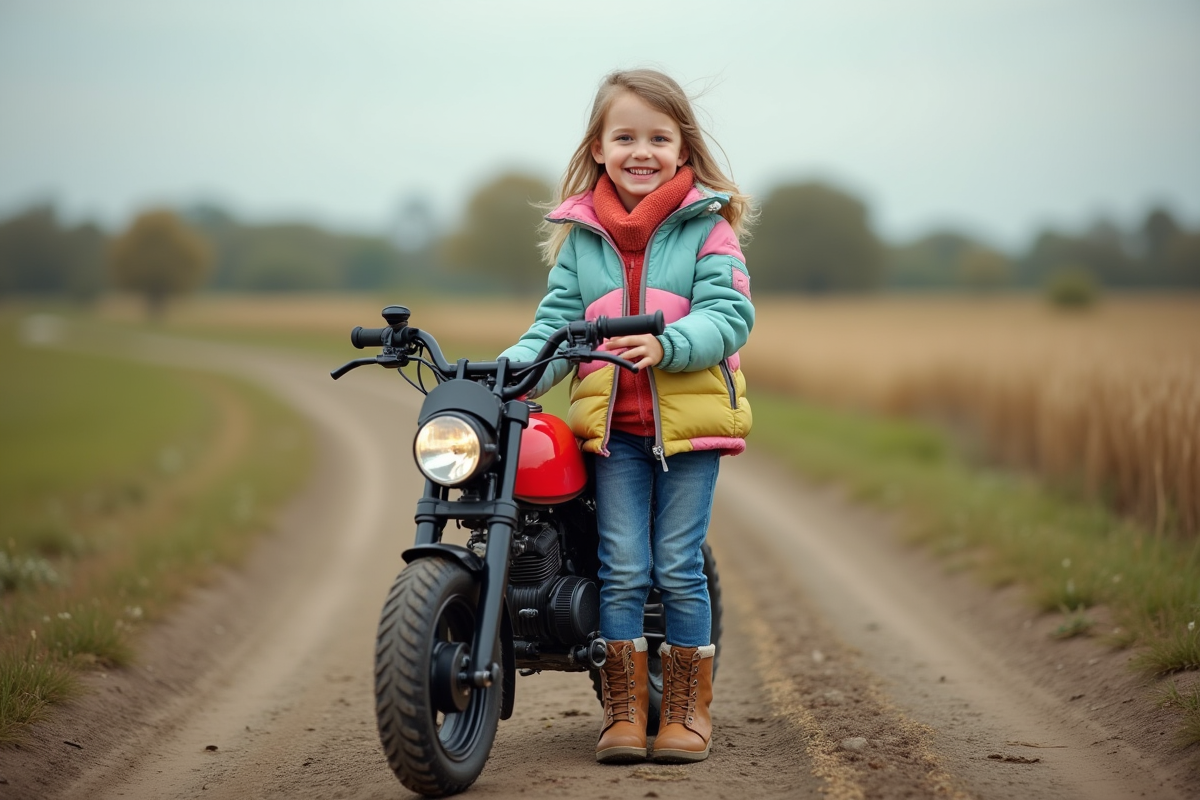 Fille souriante avec moto dans un champ rural