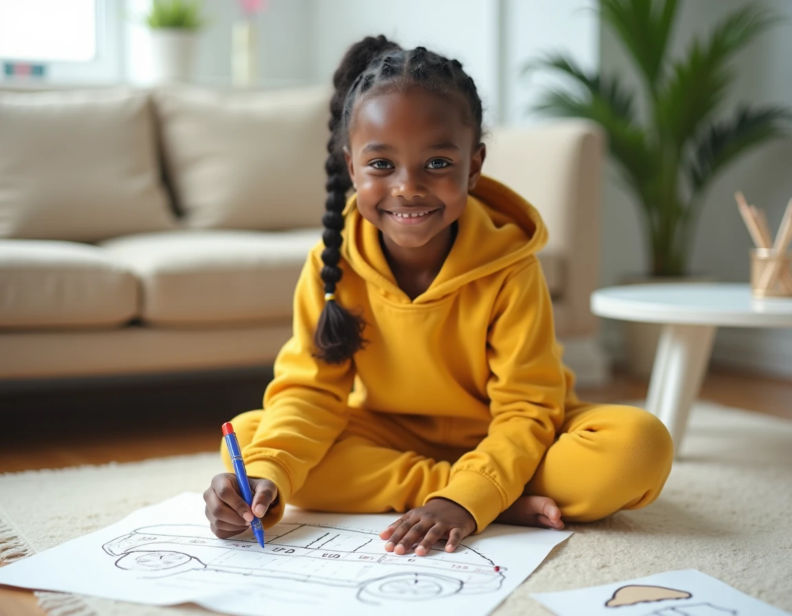 Fillette apprenant à dessiner une voiture avec une fiche points à relier imprimée