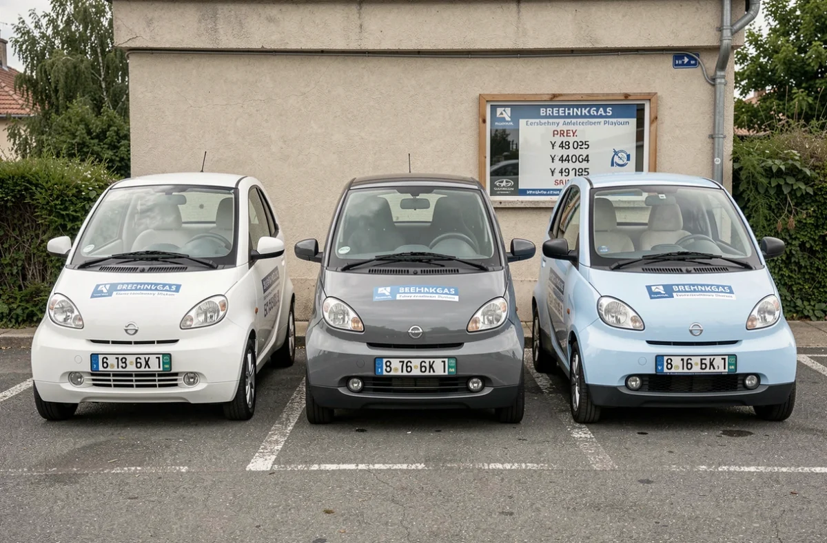 Flotte de voitures sans permis alignées dans le parking d'une agence de location à Brive, avec différentes couleurs disponibles
