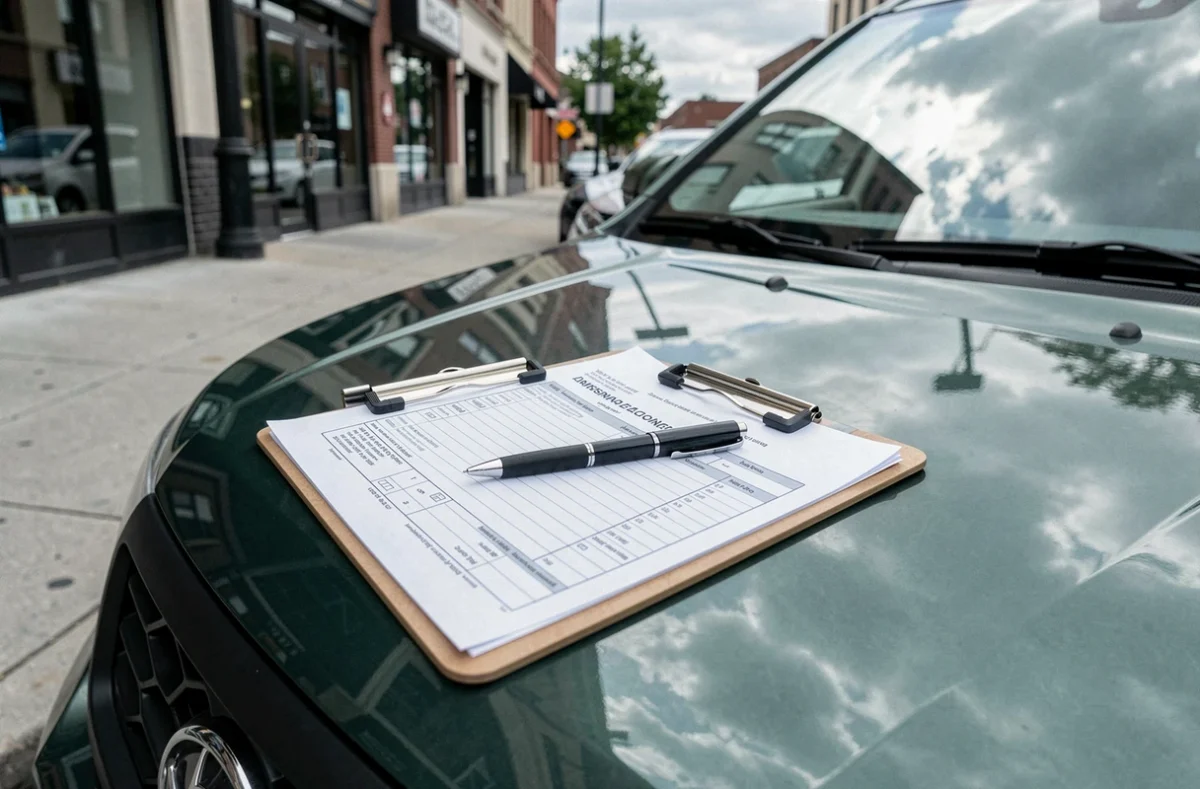 Formulaire de devis d'assurance auto sur presse-papiers posé sur le capot d'un SUV garé en ville avant de prendre la route