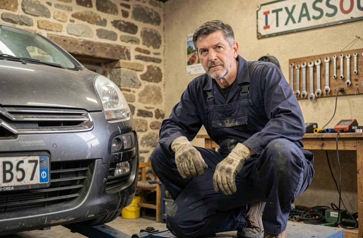 Mécanicien du Garage Errobi à Itxassou en train de travailler sous une voiture sur un pont élévateur