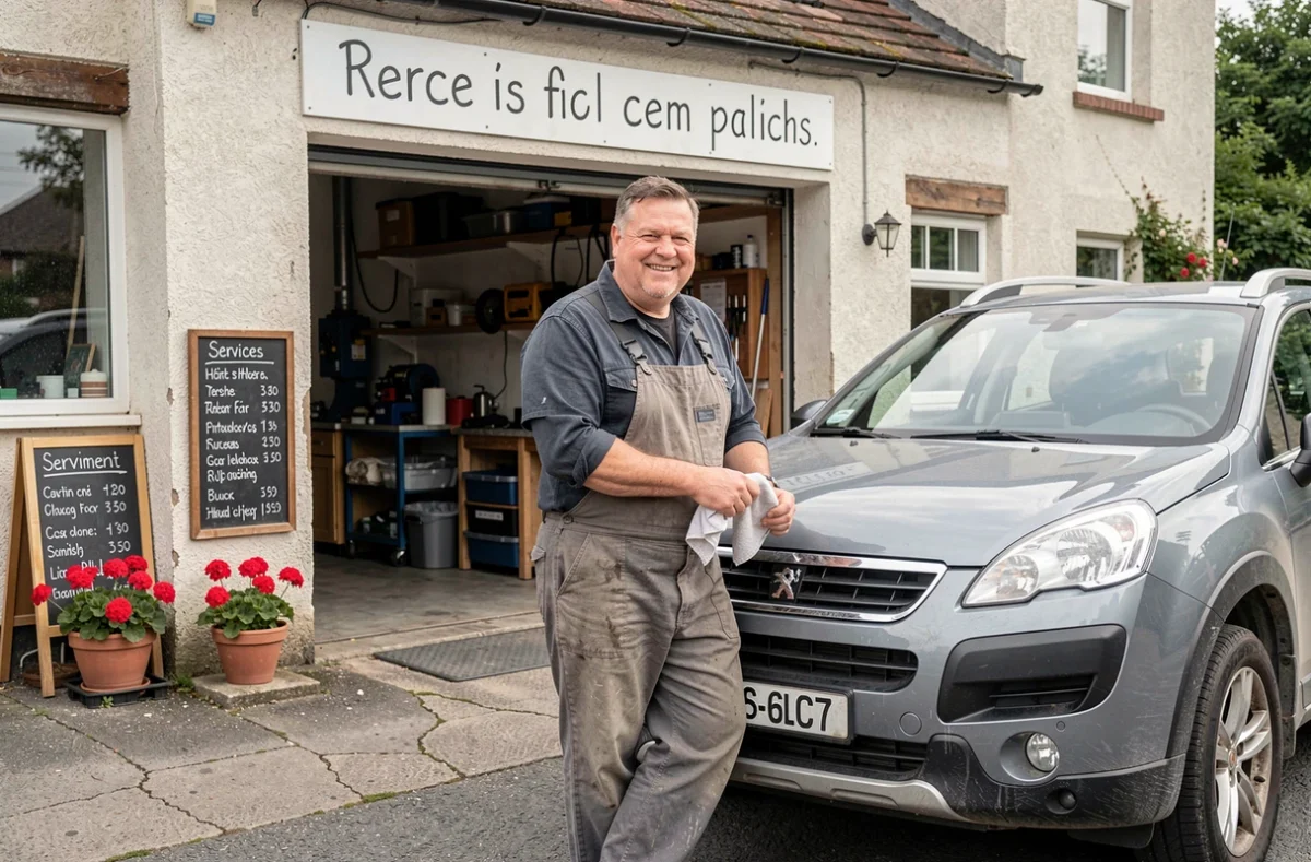Mécanicien de proximité Garage Hirigoyen Herve devant son garage local avec un véhicule client