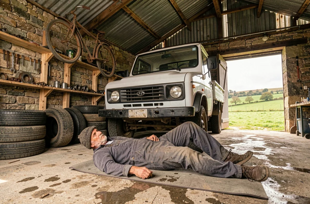 Mécanicien du Garage Intxaurmendi travaillant sous un véhicule dans un atelier rural en zone basque