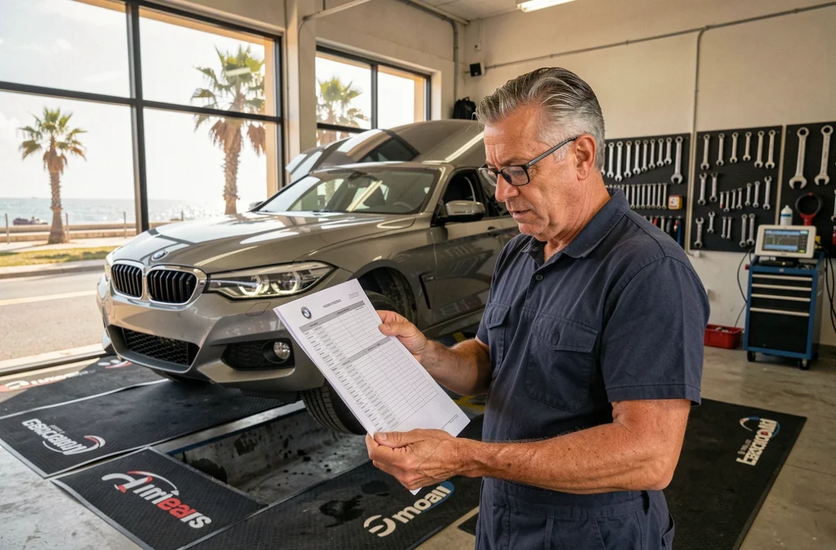 Mécanicien du Garage Lannebras à Anglet consultant une fiche de contrôle technique à côté d'un véhicule sur pont