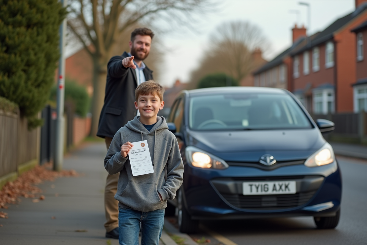 Garçon avec permis de conduire sur le trottoir avec homme