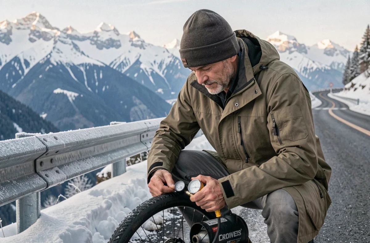 Homme gonflant un pneu tubeless réparé avec un compresseur portable sur une route de montagne enneigée