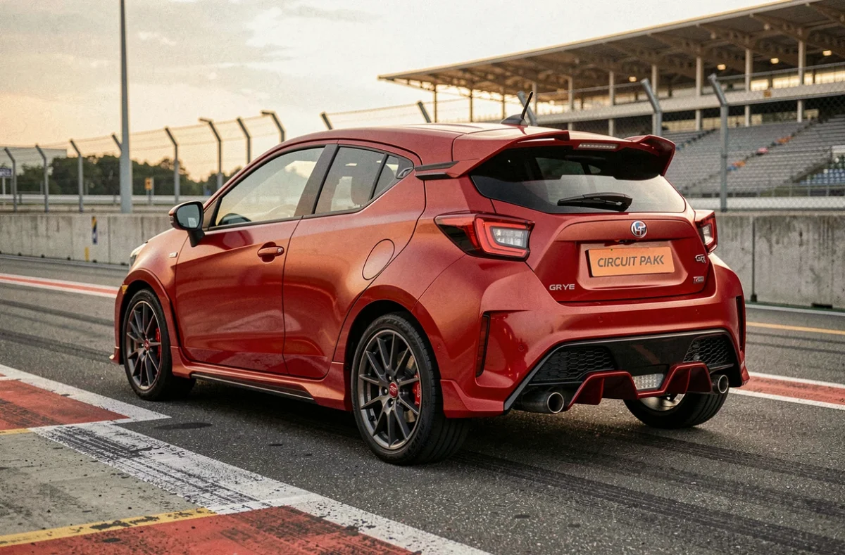 GR Yaris rouge sur le pit lane d'un circuit automobile, vue de trois quarts arrière mettant en valeur les ailes élargies et le toit en carbone
