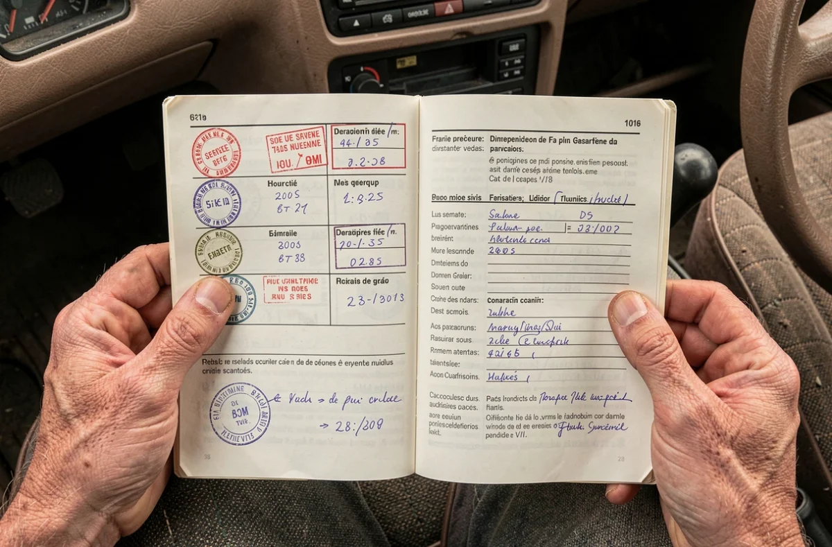 Gros plan d'un carnet d'entretien incomplet d'une Peugeot 208 posé sur le tableau de bord avec des tampons irréguliers