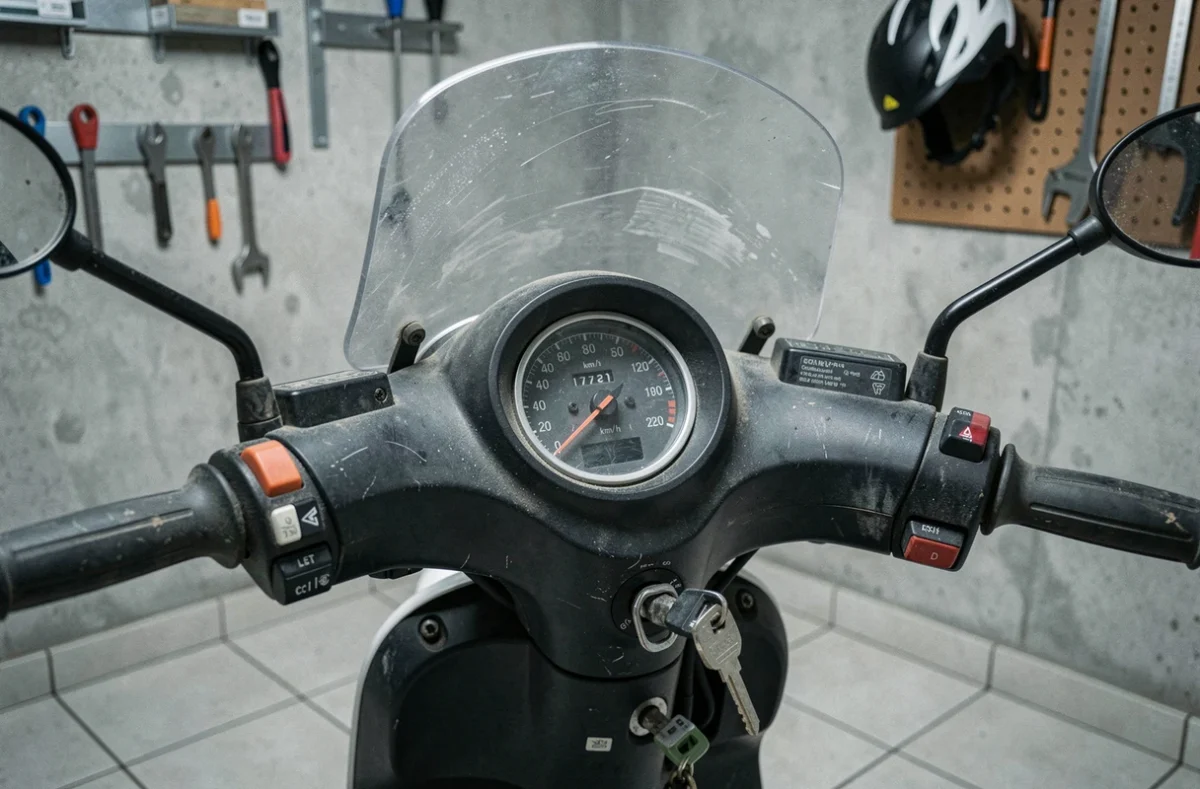 Gros plan sur le tableau de bord et le compteur de vitesse d'un scooter 50cc dans un garage résidentiel