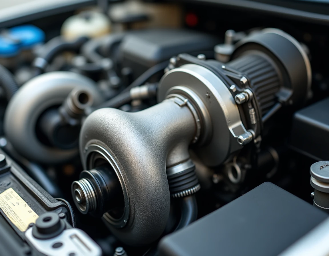 Gros plan sur le turbocompresseur et les composants moteur d'un 1.6 BlueHDi montrant les signes d'usure réalistes