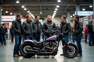 Groupe d'enthousiastes motos autour d'une custom unique
