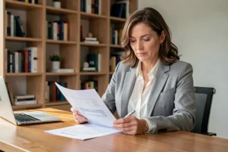Femme consultant son historique d'assurance voiture à son bureau à domicile pour négocier un devis
