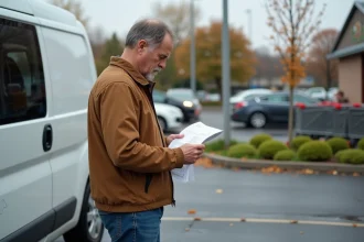 Homme d'âge moyen vérifiant un reçu devant une voiture de location